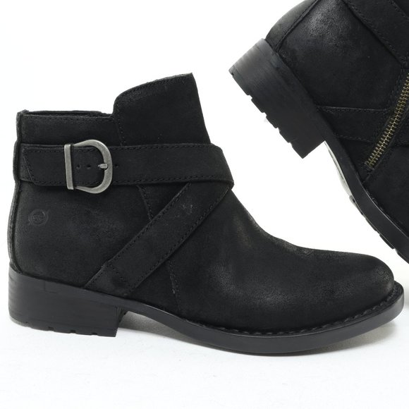 Born Trinculo Buckle Cross-strap Heeled Boots Leather Ankle Bootie Sz W7 Black - Picture 1 of 16